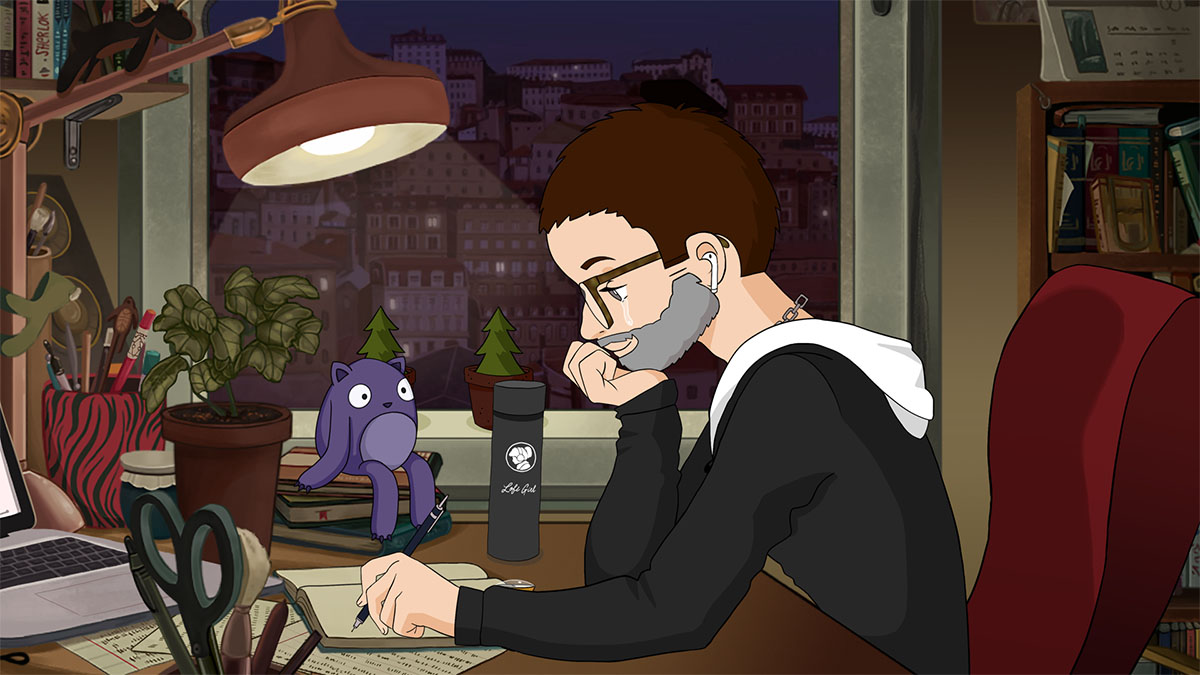 A person sitting at a desk in front of a computer